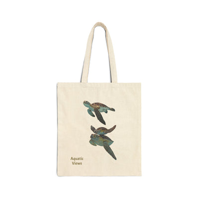 Natural cotton canvas tote bag featuring a vibrant sea turtle design and 'Aquatic Views' text. Durable 20'' handles, 15''x16'' size.